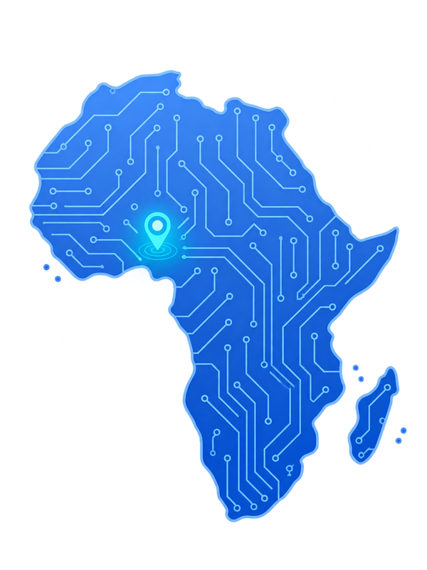 Africa drawn as a circuit board, with the lab at UNN Nsukka marked