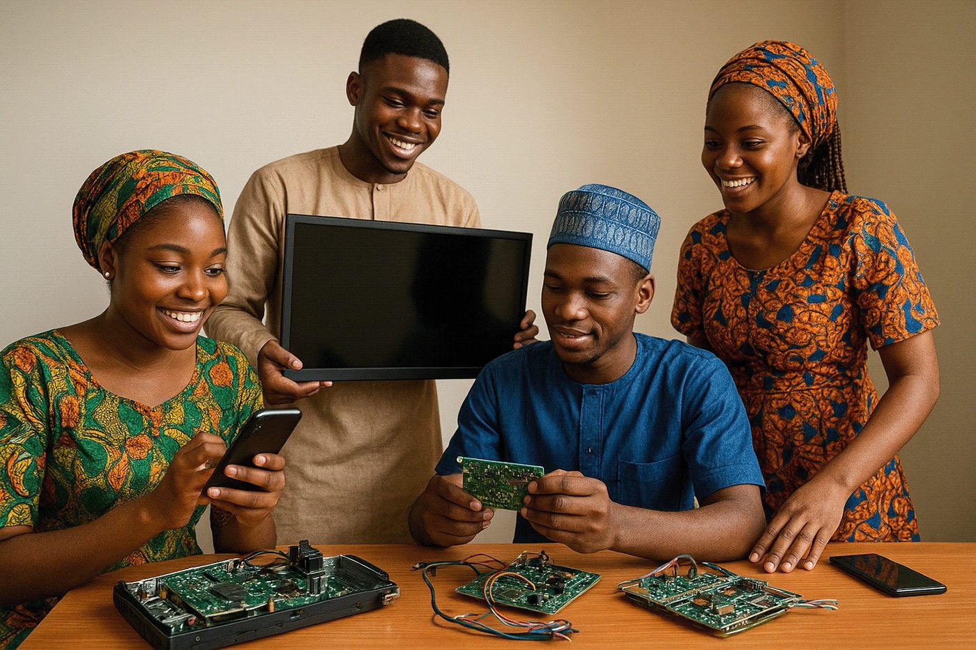 Concept: Nigerian engineers working with circuit boards and consumer devices